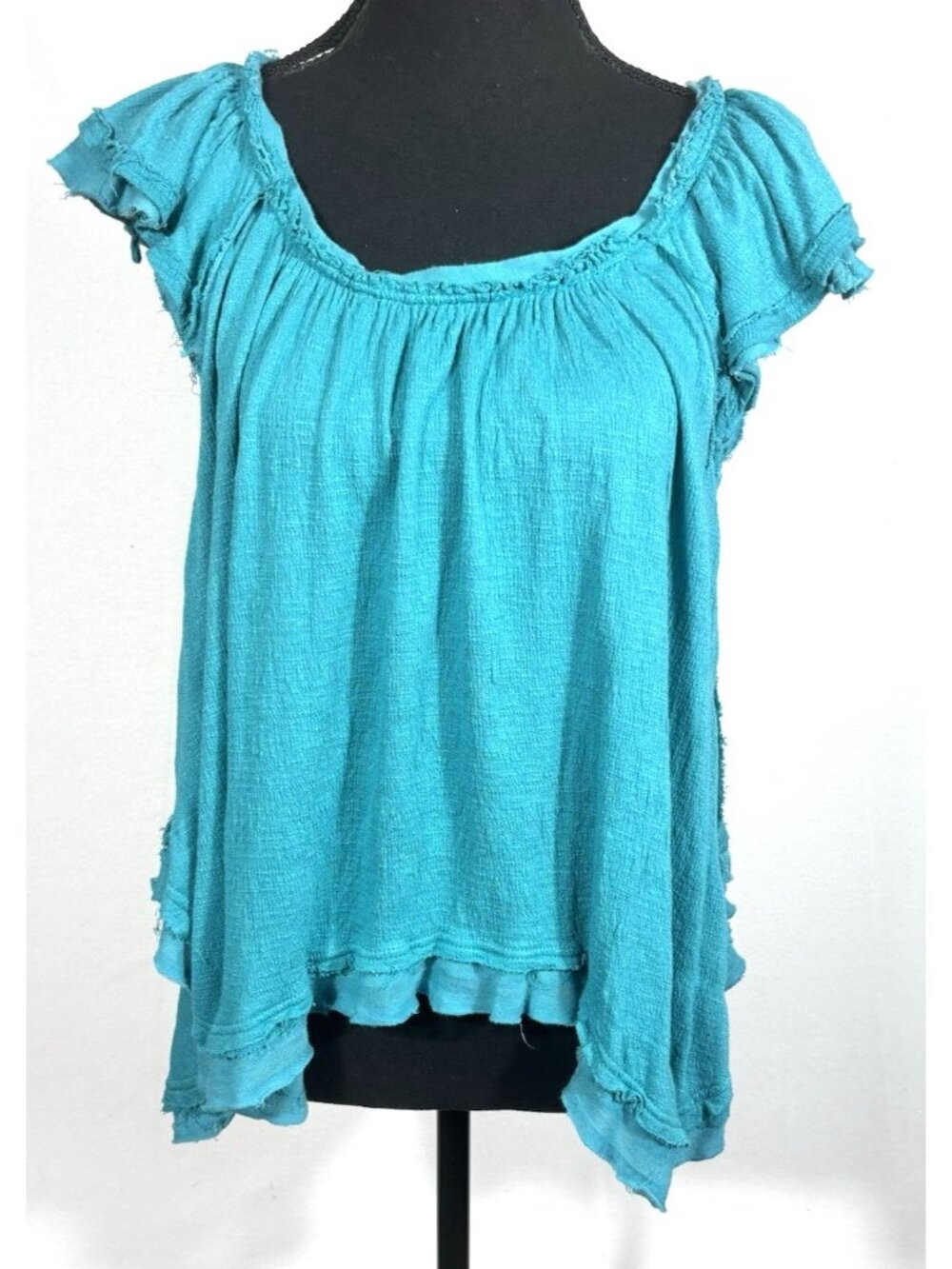 Free People Teal Aqua Blue Top Flutter Sleeve Gauze Frayed Ruffle Distressed XS